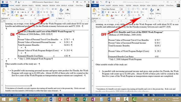 how to turn on show hide in word