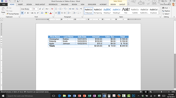 how to make an equation in word table