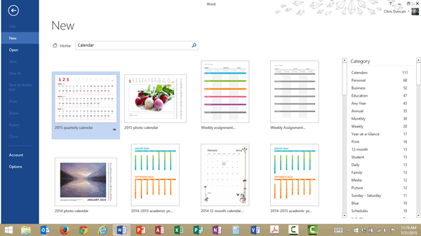 Searching for a Calendar Template in Microsoft Word