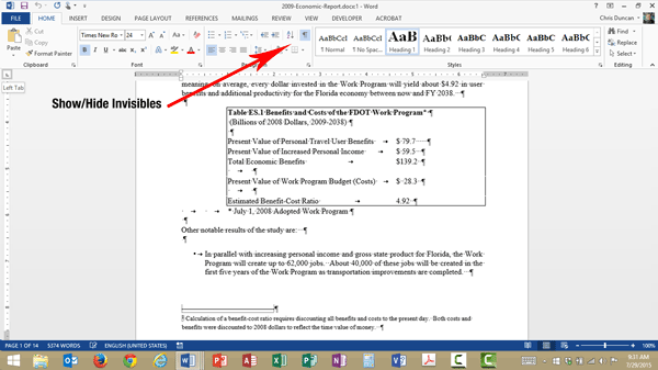 Show/Hide Invisibles button in Microsoft Word